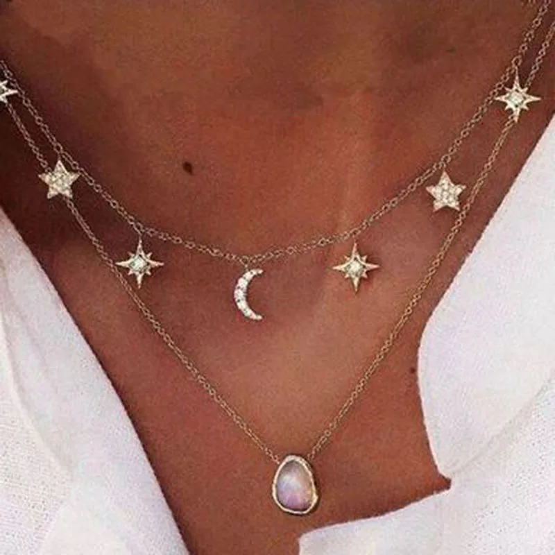 2018 Fashion Long Chain Bohemian Pentagram Moon Zircon Multilayer Necklace Colored Stone Summer Beach Women's Jewelry | Украшения и