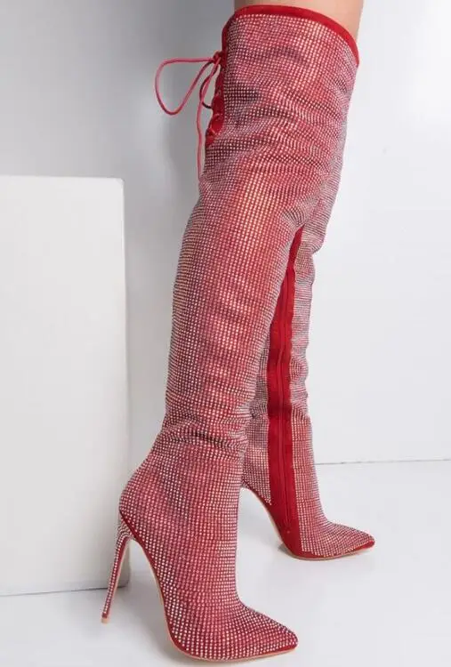 Sexy Red Bling Bling Crystal Embellished Over Knee Boots Womens Pointed toe Side Zipper Back Lace-up High Tight High Boots
Sexy Red Bling Bling Crystal Embellished Over Knee Boots Womens Pointed toe Side Zipper Back Lace-up High Tight High Boots