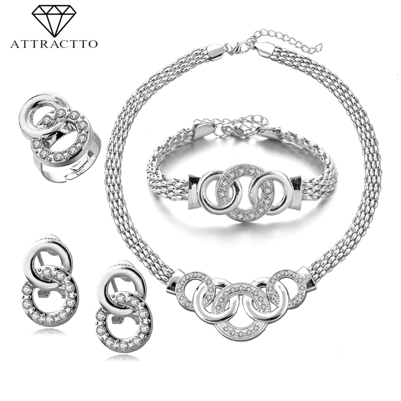 ATTRACTTO High Quality Silver Wedding Necklaces Earrings Ring Bracelet Sets For Bridal Elegant Lady's Gold Jewelry Set SET190011
ATTRACTTO High Quality Silver Wedding Necklaces Earrings Ring Bracelet Sets For Bridal Elegant Lady's Gold Jewelry Set SET190011