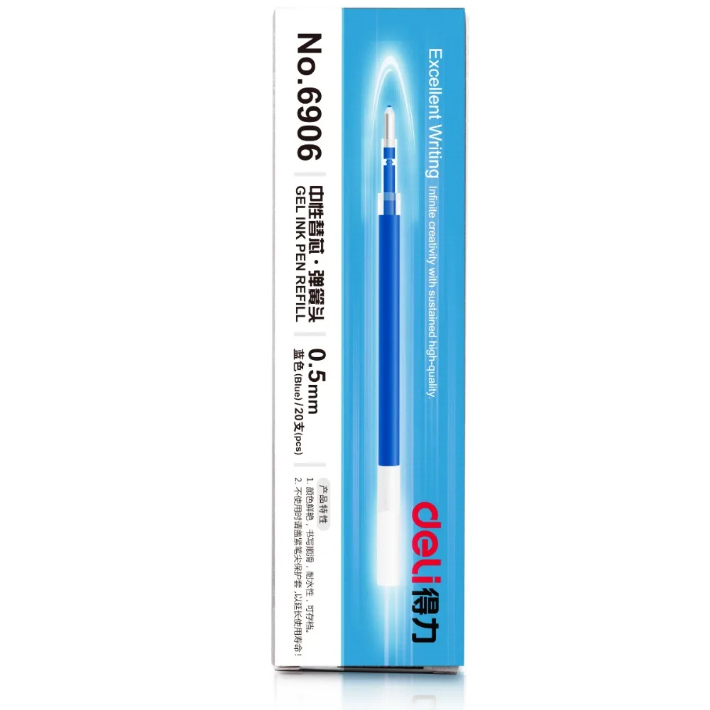 Deli Gel ink Pen Gel pen 0.5mm 110*5.5mm spring head press pen black blue red refills 20/box 6906
Deli Gel ink Pen Gel pen 0.5mm 110*5.5mm spring head press pen black blue red refills 20/box 6906