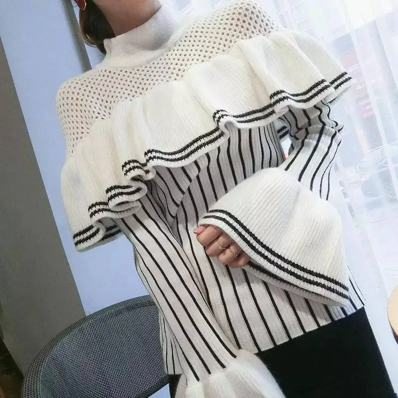 Runway Striped Women pullover Sweater Spring Autumn Long Flare Sleeves Top Europe Style Outwear Knitted Ruffles Sweaters CC187
Runway Striped Women pullover Sweater Spring Autumn Long Flare Sleeves Top Europe Style Outwear Knitted Ruffles Sweaters CC187