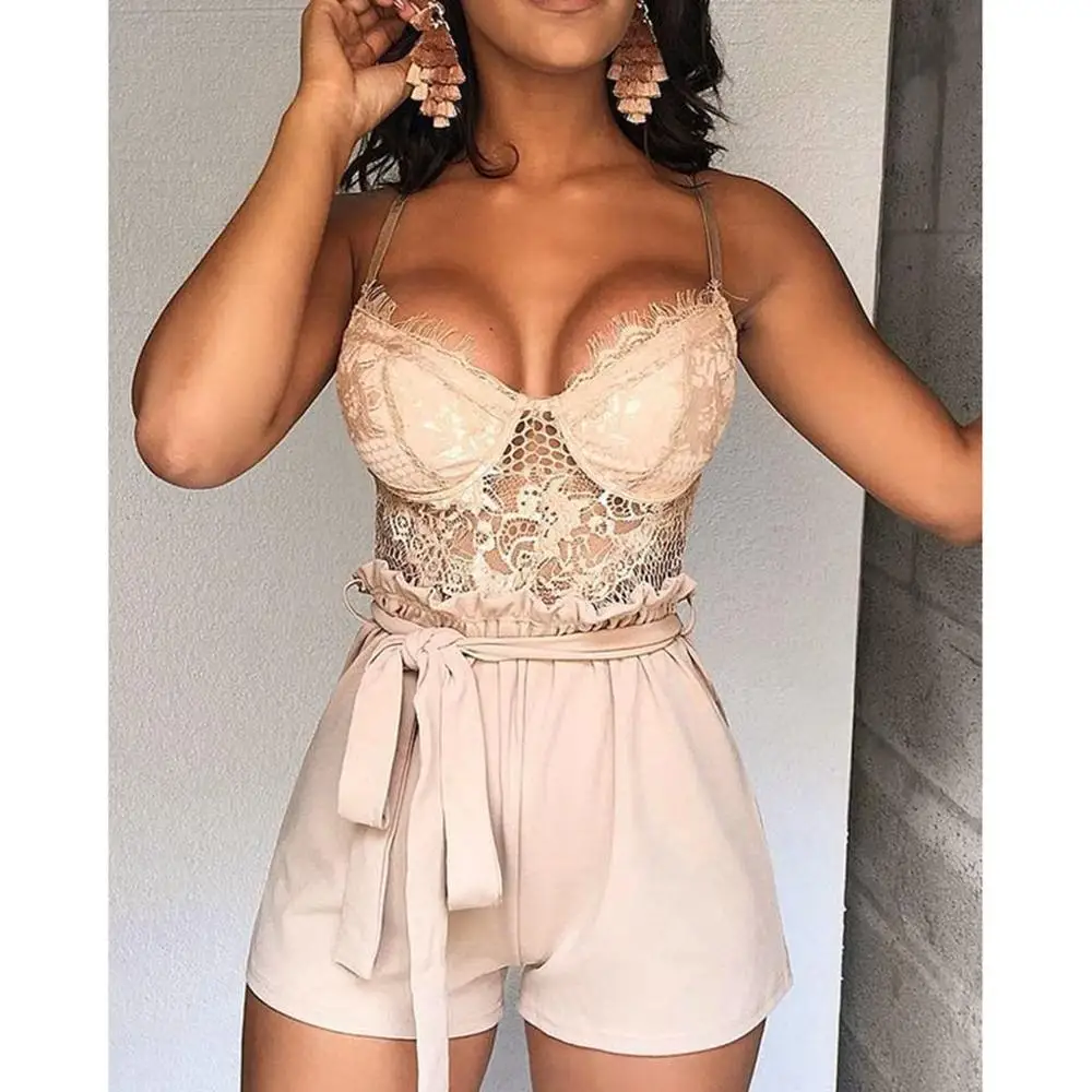 spaghetti straps Playsuit Summer Fashion Women LaceTank Top Casual bow bodysuits large size Short party streetwear body LS*D | Женская