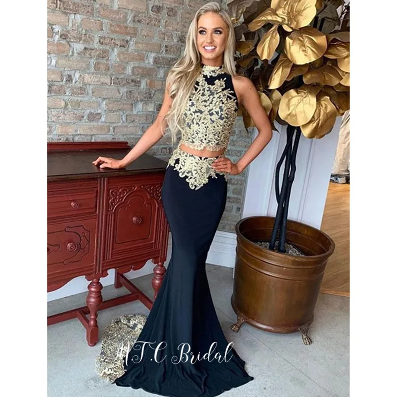 Robe De Soiree Mermaid Black Prom Dresses 2 Piece Gold Appliques High Neck Elastic Satin Long Evening Gowns 2019 New Arrival
Robe De Soiree Mermaid Black Prom Dresses 2 Piece Gold Appliques High Neck Elastic Satin Long Evening Gowns 2019 New Arrival