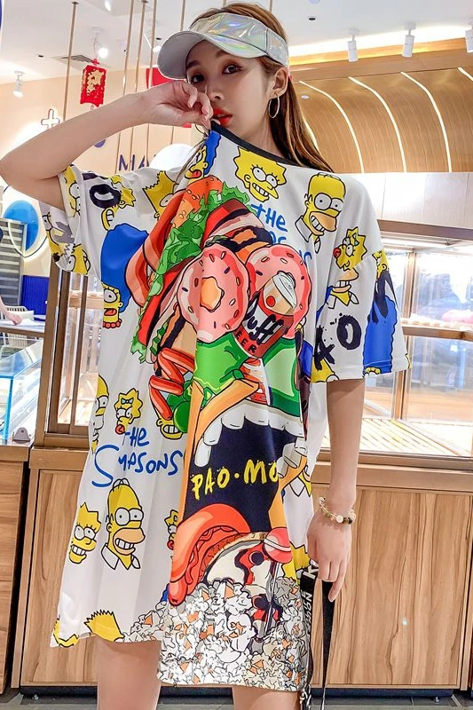 European station Thailand street fashion cartoon print T-shirt female long section loose shirt missing net red fashion dress
European station Thailand street fashion cartoon print T-shirt female long section loose shirt missing net red fashion dress