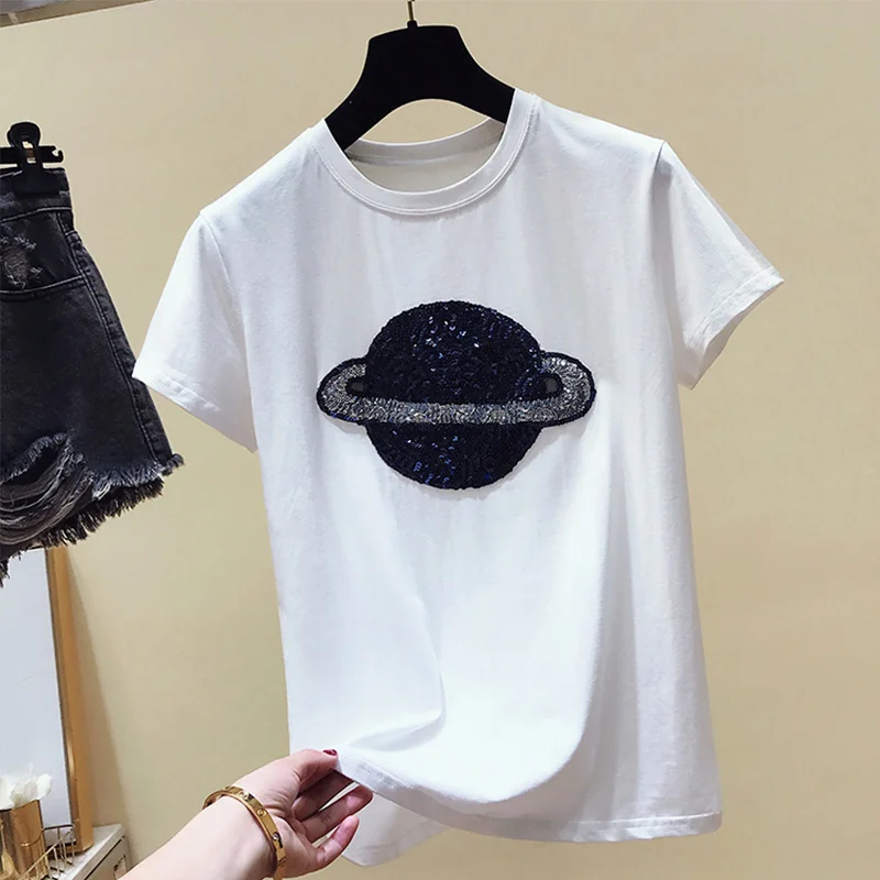 Женская белая футболка с вышивкой и блестками U-SWEAR, женские топы с круглым вырезом и коротким рукавом, летняя повседневная черная футболка ...
Женская белая футболка с вышивкой и блестками U-SWEAR, женские топы с круглым вырезом и коротким рукавом, летняя повседневная черная футболка ...