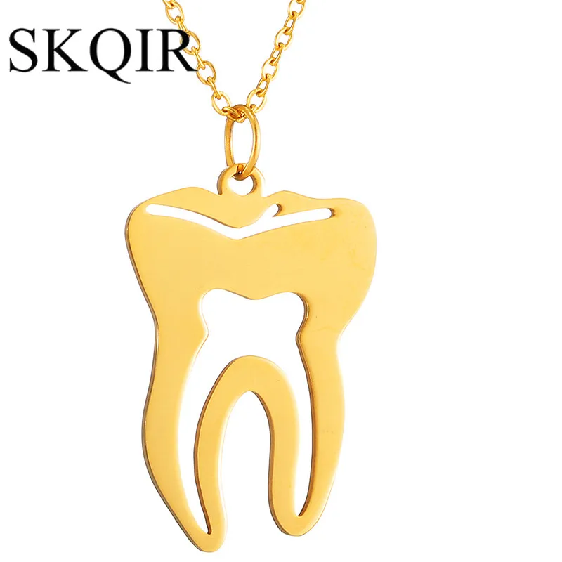 

SKQIR Cute Tooth Pendant Necklace Fashion Medical Dangle Silver Rose Gold Chain Chokers Women Office Lady Imitation Jewelry Gift