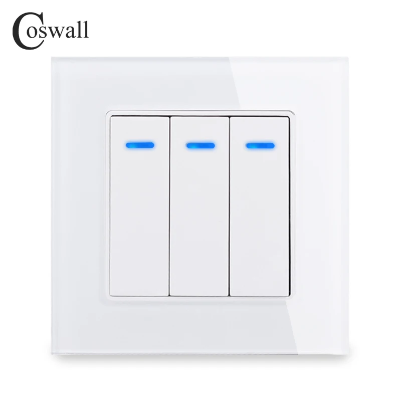 Coswall Luxury Crystal Tempered Glass Panel 3 Gang 1 Way Light Switch On / Off Wall Switch With LED Indicator 16A AC 12-250V
Coswall Luxury Crystal Tempered Glass Panel 3 Gang 1 Way Light Switch On / Off Wall Switch With LED Indicator 16A AC 12-250V