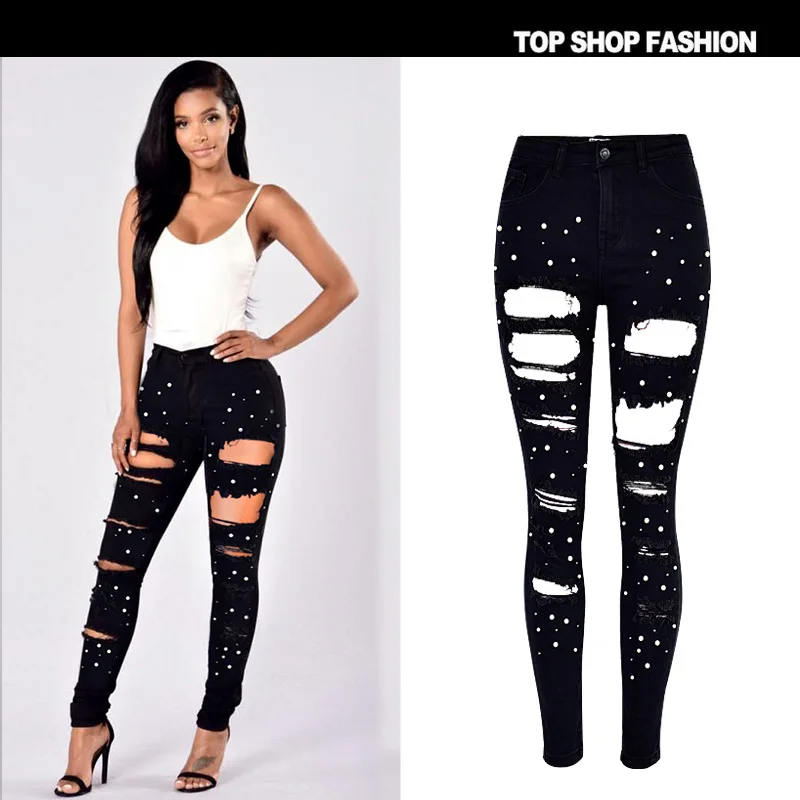 New Europe and the United States women's slim stretch irregular color pearl studded skinny jean washing hole size
New Europe and the United States women's slim stretch irregular color pearl studded skinny jean washing hole size