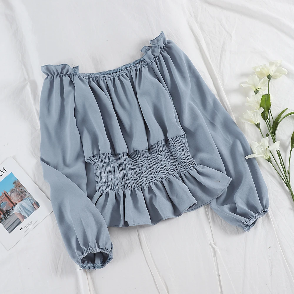 HISUMA Autumn Women Slash Neck Lantern Sleeve Ruffles Shirt Sexy Lady Short Elastic Slim Waist Chiffon Pullover Chic Blouse Tops
HISUMA Autumn Women Slash Neck Lantern Sleeve Ruffles Shirt Sexy Lady Short Elastic Slim Waist Chiffon Pullover Chic Blouse Tops