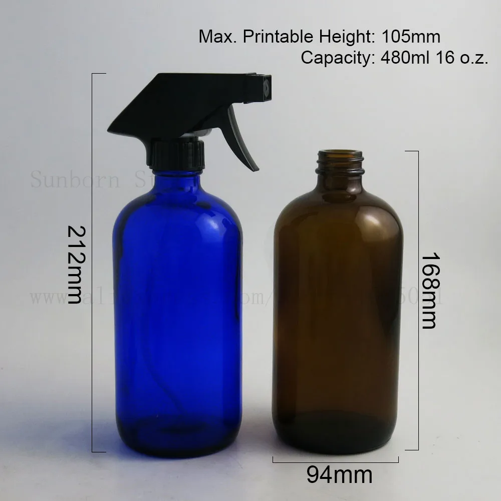 16 oz синий прозрачное Янтарное стекло круглая бутылка с черным триггера