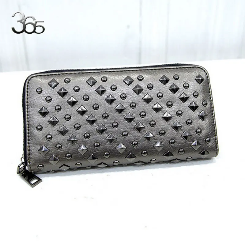 Free Shipping Black / Champagne Color Vintage Women Long Purse Rivet Leather Zipper Phone Clutch PU Wallets | Багаж и сумки