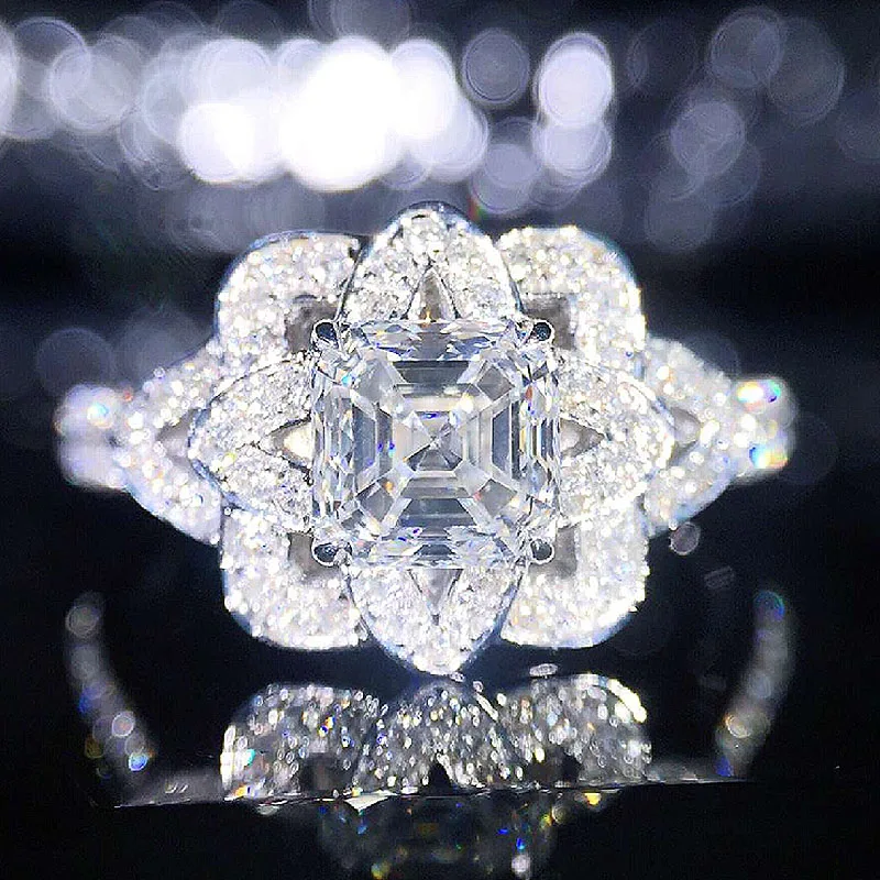 Роскошное Твердое 18K Белое Золото 1ct 6 мм Центр Asscher Cut Moissanite Ice Ring Lab Diamond