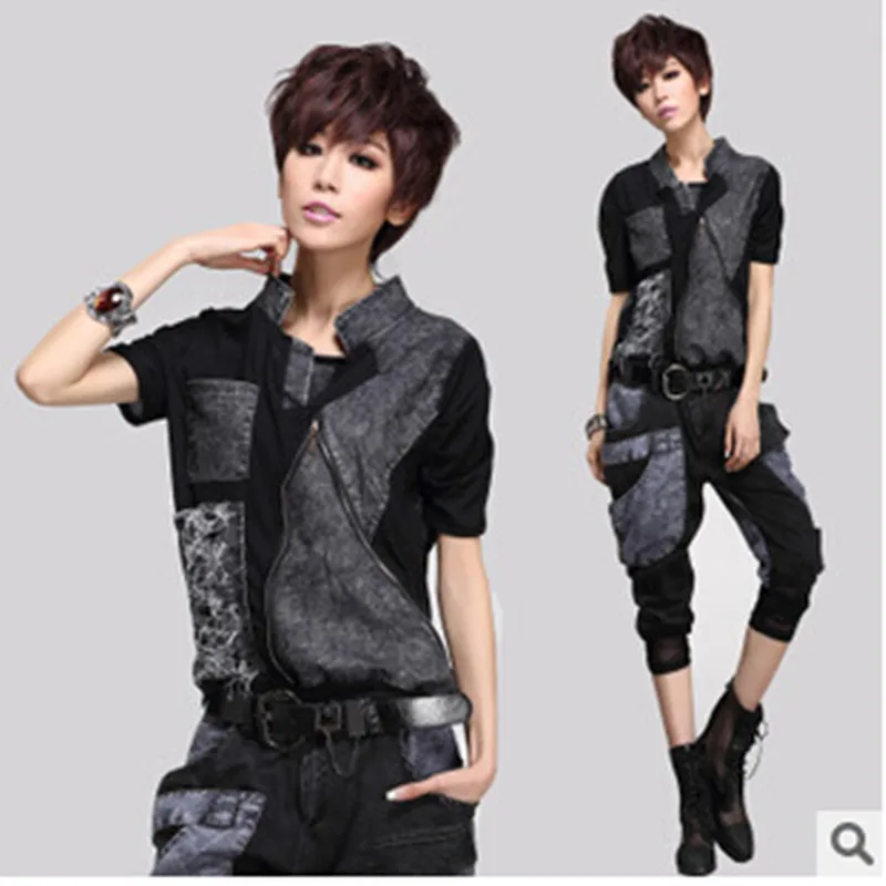 Fashion women T-shirt tops female summer European black leisure loose denim stitching Scrub with short sleeves zipper t-shirts
Fashion women T-shirt tops female summer European black leisure loose denim stitching Scrub with short sleeves zipper t-shirts