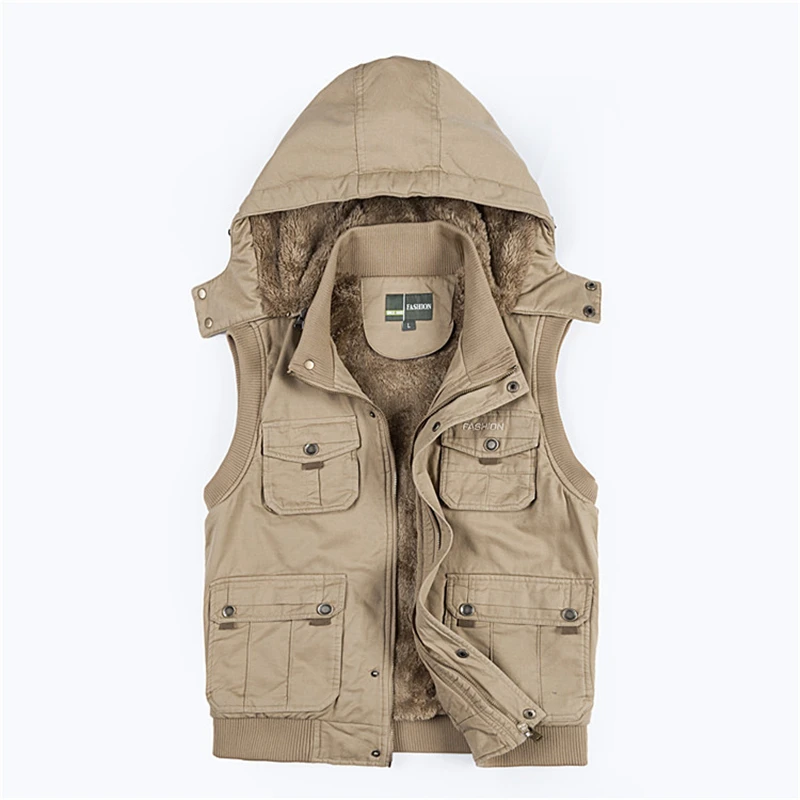 Autumn Winter Vest Men High Quality Removable Hooded Warm Sleeveless Jacket Waistcoat Men Multi-pocket plus velvet thick vest
Autumn Winter Vest Men High Quality Removable Hooded Warm Sleeveless Jacket Waistcoat Men Multi-pocket plus velvet thick vest