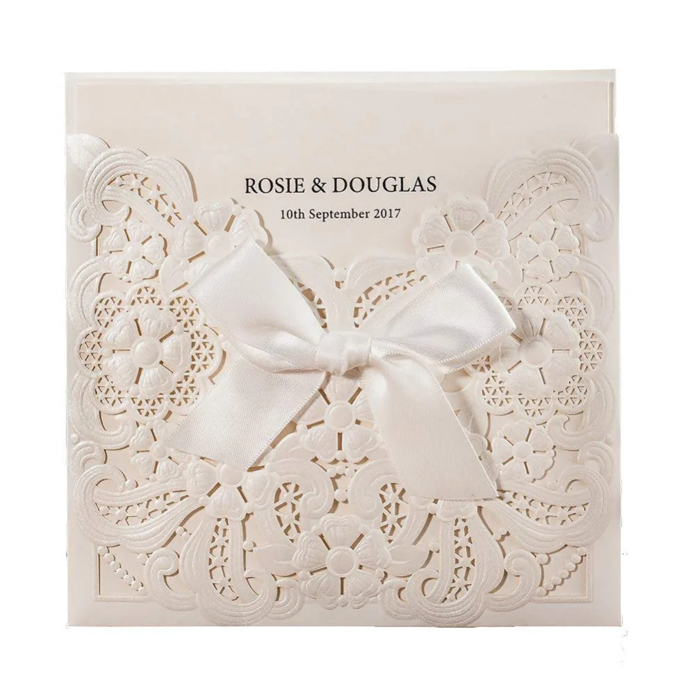 100pcs/lot Laser Cut Wedding Invitations Card with Bowknot Pearl White Hollow Floral RSVP and Thank You card Customizable CW6112
100pcs/lot Laser Cut Wedding Invitations Card with Bowknot Pearl White Hollow Floral RSVP and Thank You card Customizable CW6112