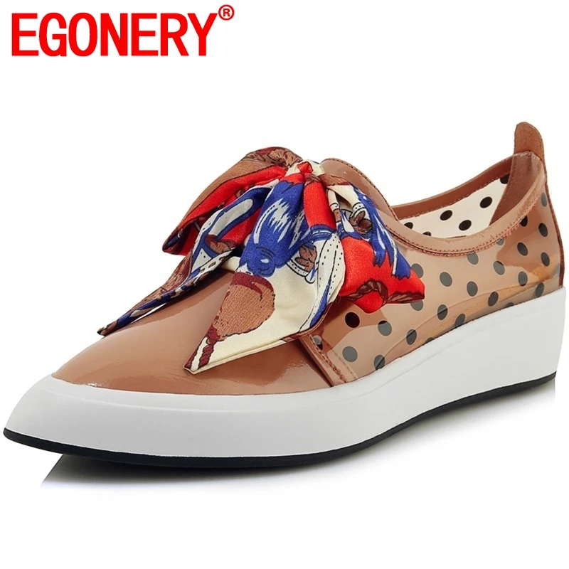 

EGONERY Brand Cow Leather Silk Riband Bow Loafers 2022 Spring Autumn Microfiber Polka Dot Leopard Print women's Flat Boat Shoes