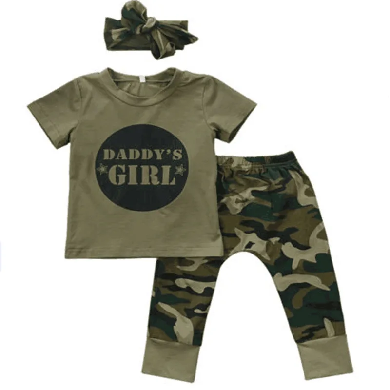 Camouflage Baby Girls Summer Clothes Short Sleeve Letter Print Pullover O Neck T-shirts Pants Bow Headband 3pcs Boy Clothes Set
Camouflage Baby Girls Summer Clothes Short Sleeve Letter Print Pullover O Neck T-shirts Pants Bow Headband 3pcs Boy Clothes Set