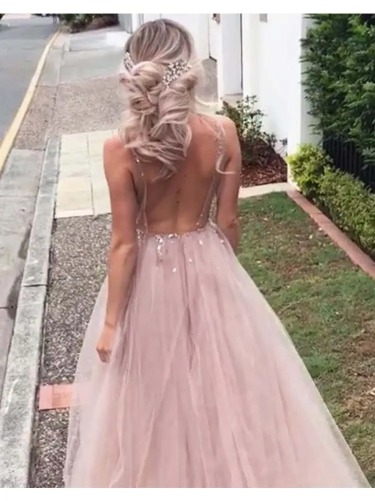 Charming A Line V Neck Backless Brush Pink Tulle Beaded Wedding Dresses with Train Beach Wedding Dresses
Charming A Line V Neck Backless Brush Pink Tulle Beaded Wedding Dresses with Train Beach Wedding Dresses