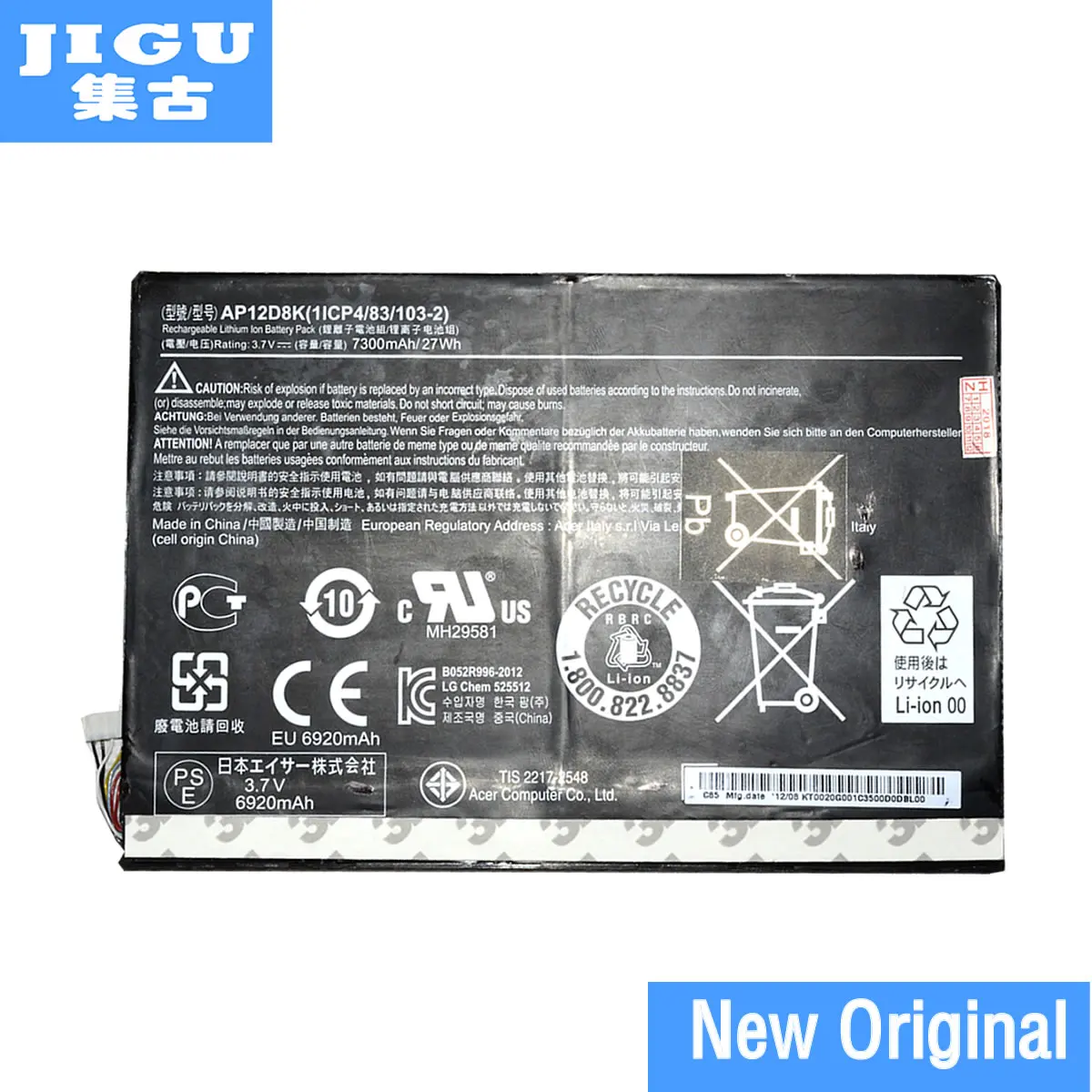 Аккумулятор JIGU AP12D8K 1ICP4/83/103-2, для Acer Iconia W510, W510P, P3-171, 3,7 в, 7300 мА · ч, 27 Вт · ч
Аккумулятор JIGU AP12D8K 1ICP4/83/103-2, для Acer Iconia W510, W510P, P3-171, 3,7 в, 7300 мА · ч, 27 Вт · ч