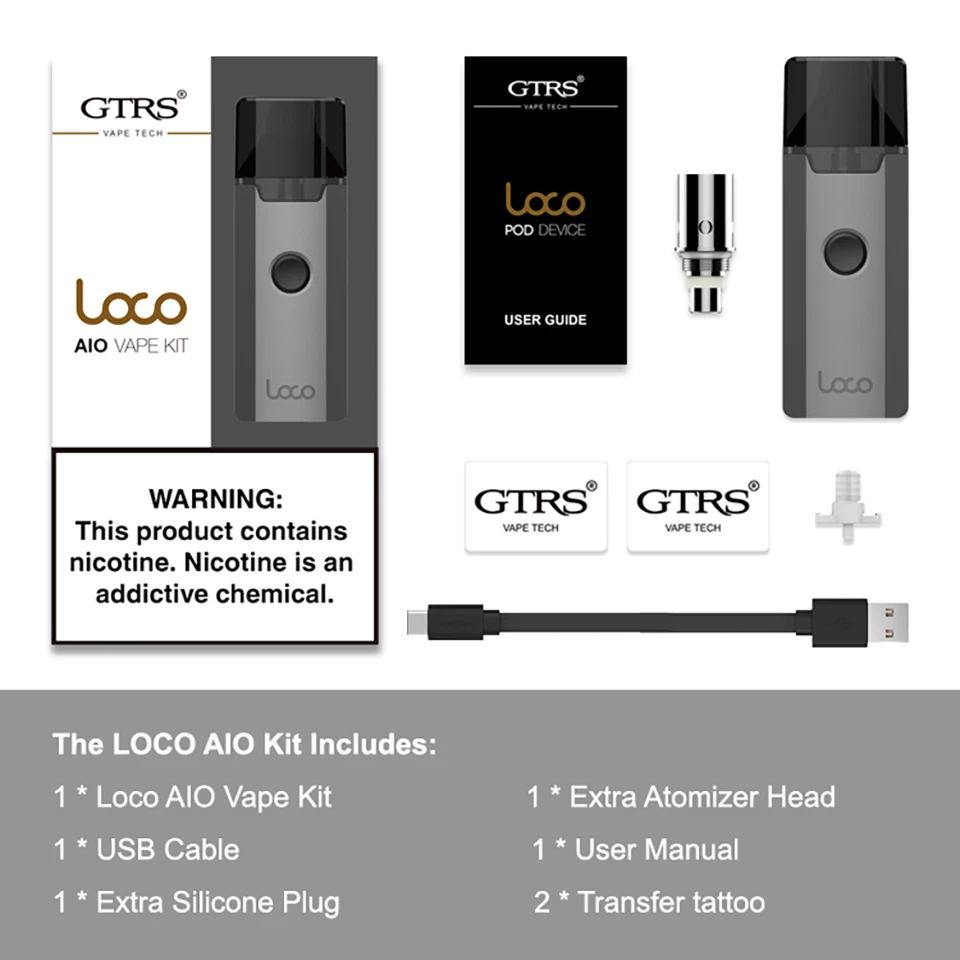Original Gtrs LOCO AIO Vape kit Pod system electronic cigarette with 1000mah battery mod 3ml cartridge pod tank dual coil bvc |