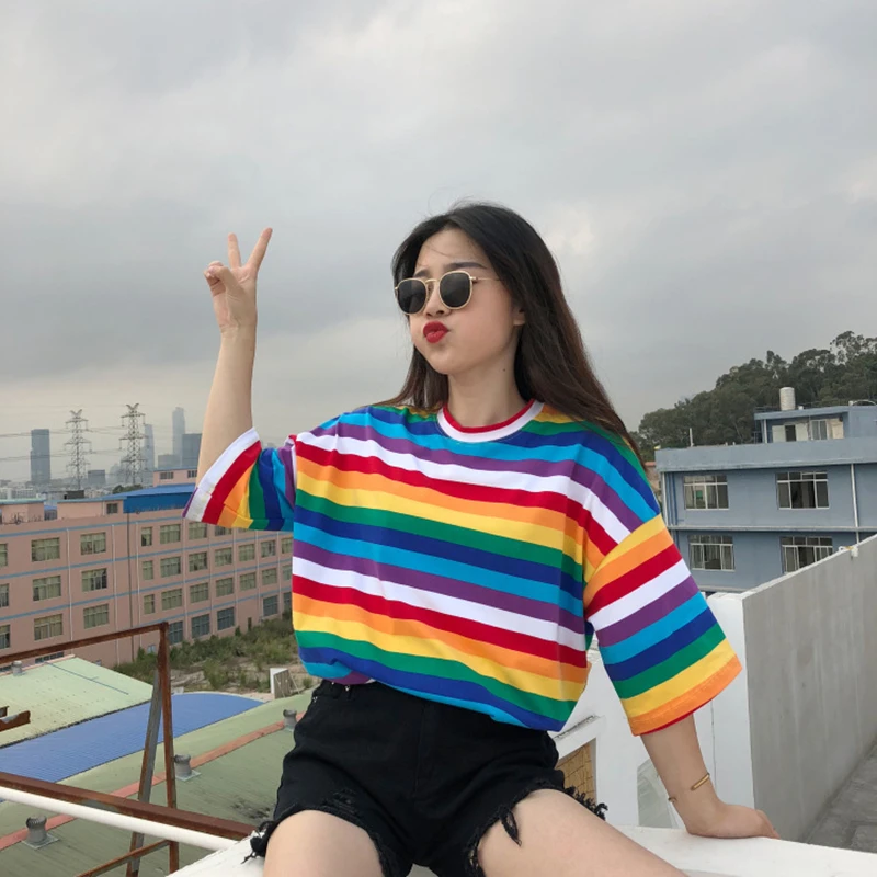 New t shirt women Rainbow striped Tops Harajuku t-shirt 2021 summer short sleeve t-shirt Punk Korean female shirt -A38
New t shirt women Rainbow striped Tops Harajuku t-shirt 2021 summer short sleeve t-shirt Punk Korean female shirt -A38