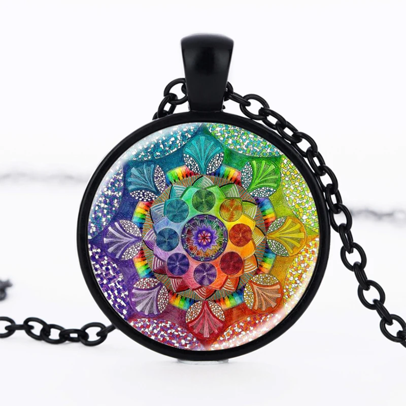 SUTEYI Fashion Handmade Henna Yoga Necklace Om Symbol Buddhism Mandala Pendant Art Pattern Glass Necklaces Jewelry For Women | Украшения и