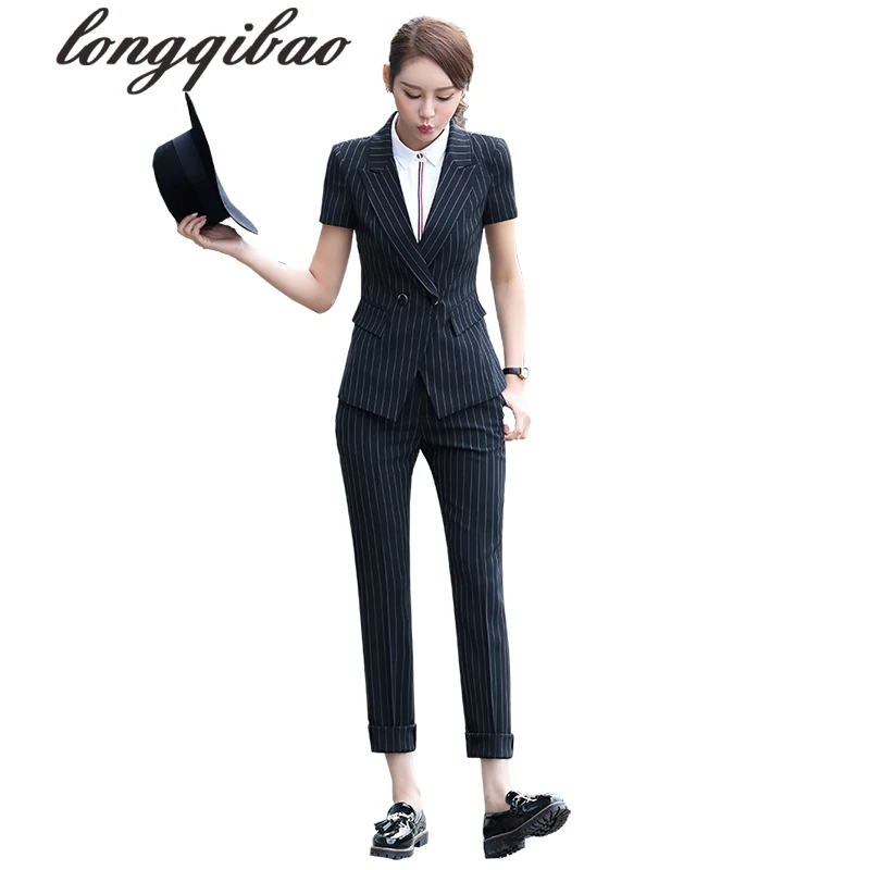 Spring and summer OL professional clothing Slim Striped suit fashion short sleeve jacket trousers overalls Two pieces / sets TB
Spring and summer OL professional clothing Slim Striped suit fashion short sleeve jacket trousers overalls Two pieces / sets TB