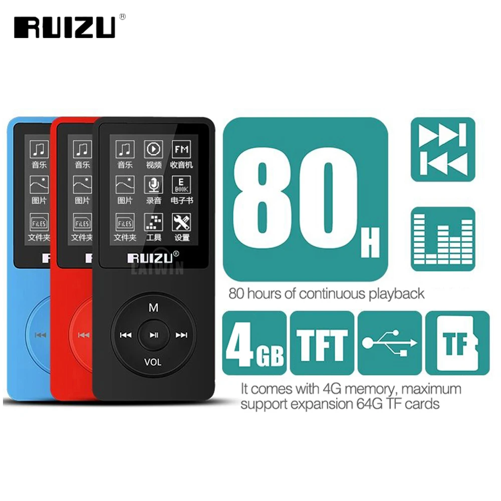 Оригинальный Ультратонкий MP3 плеер RUIZU X02 английской версии с памятью 4 ГБ и