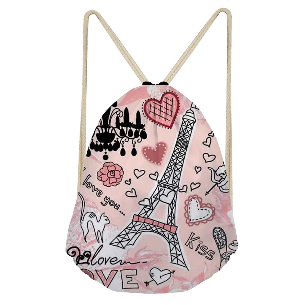 

FORUDESIGNS Pink Women Daypack Paris Eiffel Tower Travel Backpack School Drawstring Bag for Teenage Girls Pocket Female Bagpack