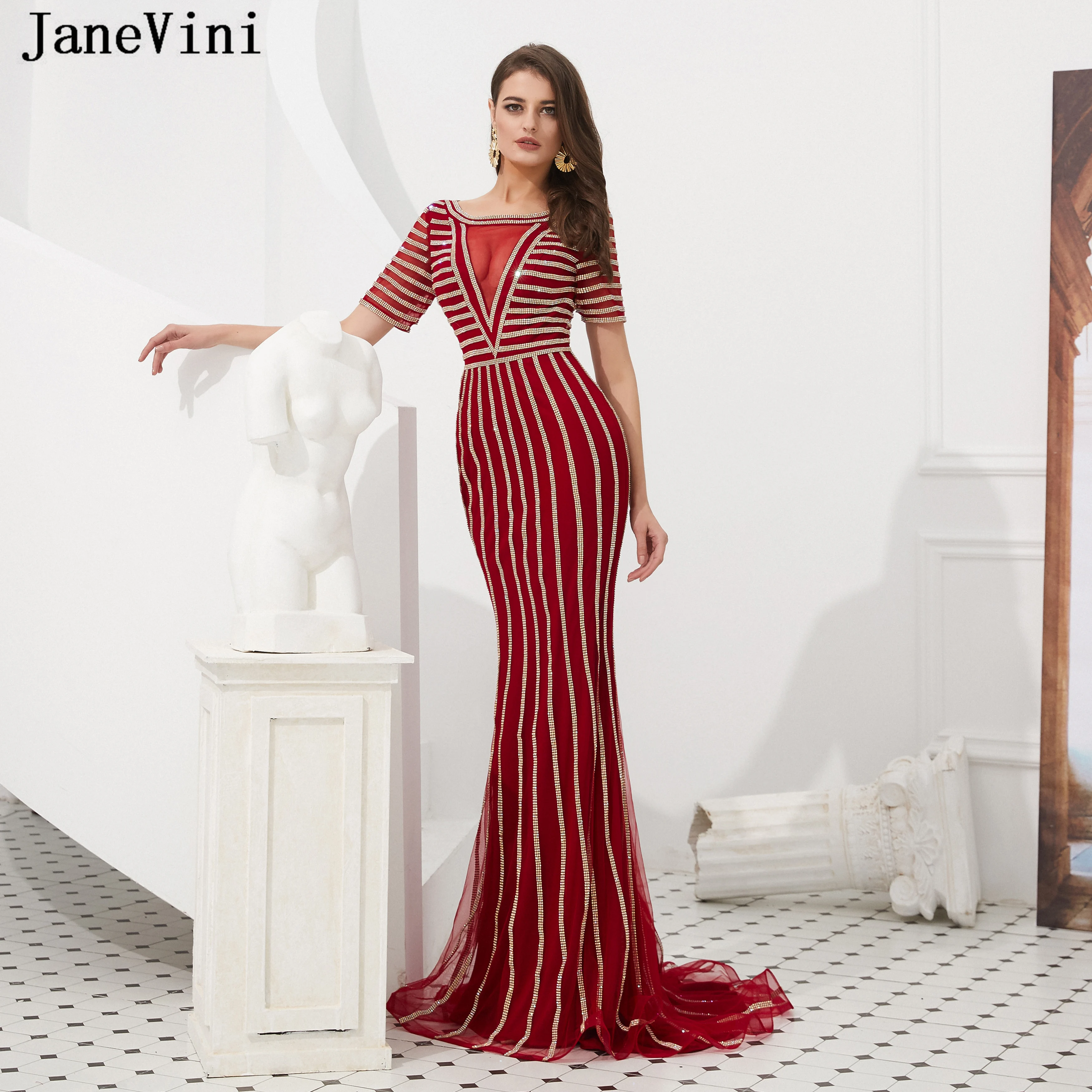 JaneVini Dubai Design Luxury Burgundy Scoop Neck Mermaid Long Evening Dresses 2019 Sparkle Beaded Short Sleeves Sexy Prom Gowns
JaneVini Dubai Design Luxury Burgundy Scoop Neck Mermaid Long Evening Dresses 2019 Sparkle Beaded Short Sleeves Sexy Prom Gowns