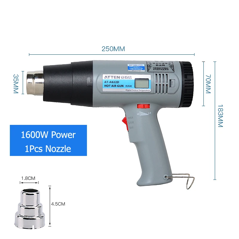 ATTEN Heat Gun AT-A822D 1600W/2000W Variable 2 Temperatures digital display handheld hot air gun
ATTEN Heat Gun AT-A822D 1600W/2000W Variable 2 Temperatures digital display handheld hot air gun