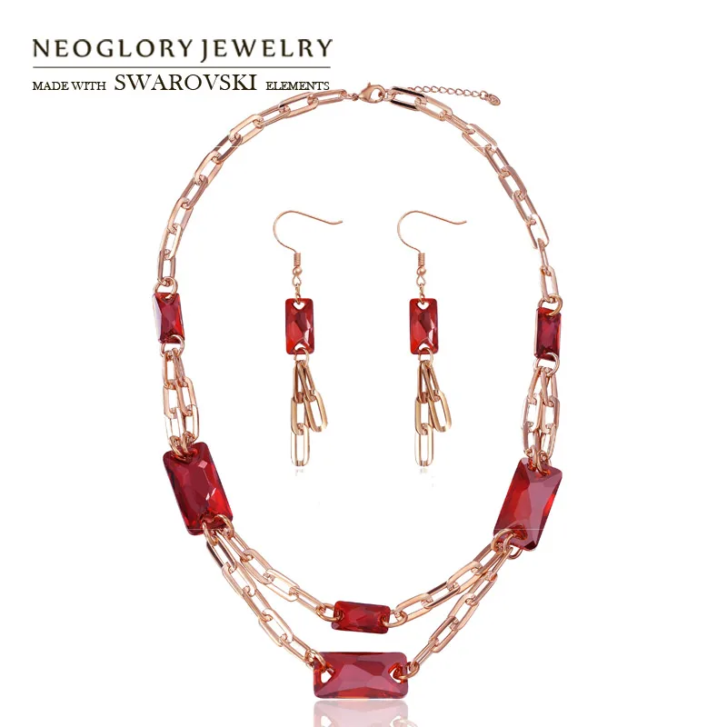 

Neoglory Crystal Jewelry Set Red Long Chain Gold Color Noble Style Necklace & Earrings Embellished With Crystals From Swarovski