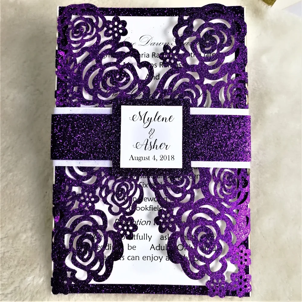 Hot sell glitter paper laser cut rose design wedding invitation card with band and printed inner paper
Hot sell glitter paper laser cut rose design wedding invitation card with band and printed inner paper