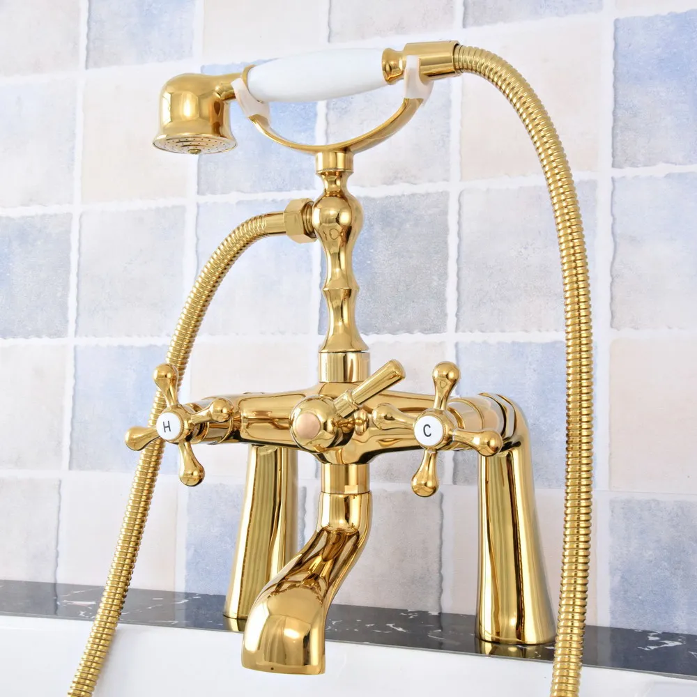 

Luxury Gold Color Brass Deck Mounted Bathroom Tub Faucet Dual Handles Telephone Style Hand Shower Clawfoot Tub Filler atf785