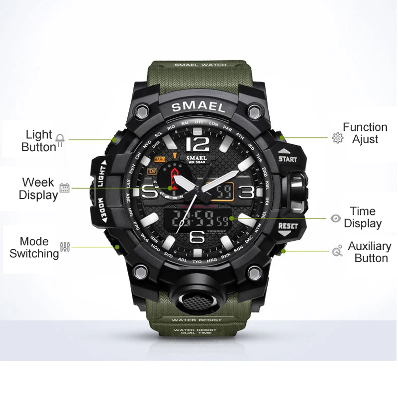 Часы SMAEL мужские спортивные с двойным дисплеем аналоговые цифровые светодиодные