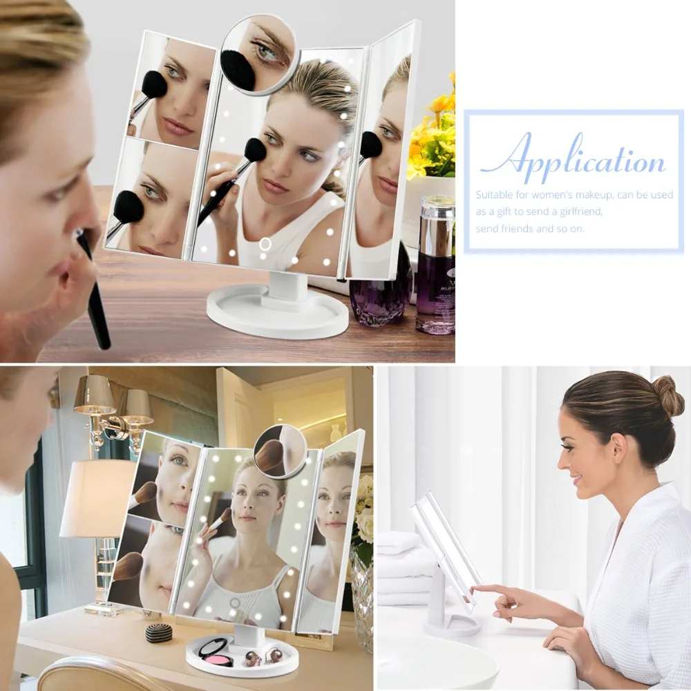 22 LEDs Touch Screen Decorative Mirror light Table Desktop Makeup 3 Folding Adjustable 1X/2X/3X/10X Magnifying Mirrors Vanity
22 LEDs Touch Screen Decorative Mirror light Table Desktop Makeup 3 Folding Adjustable 1X/2X/3X/10X Magnifying Mirrors Vanity