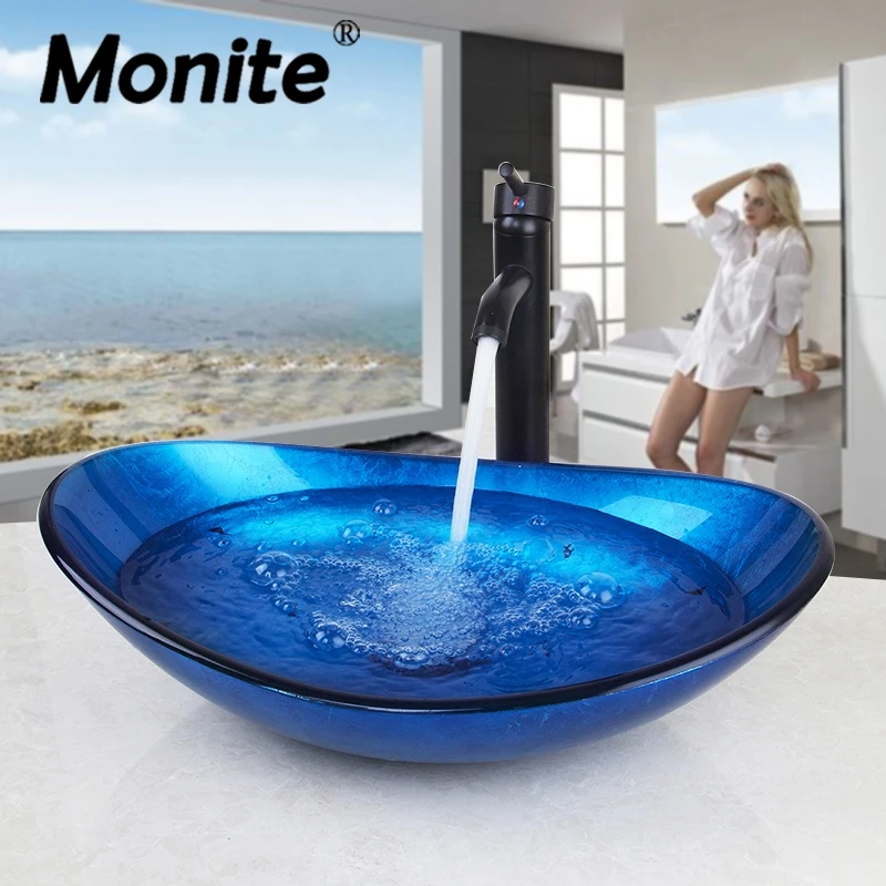 

Monite Bathroom Washbasin Countertop Tempered Glass Basin Sink Faucet Set Brass Waterfall Faucet Washroom Vessel Vanity Bar Ship