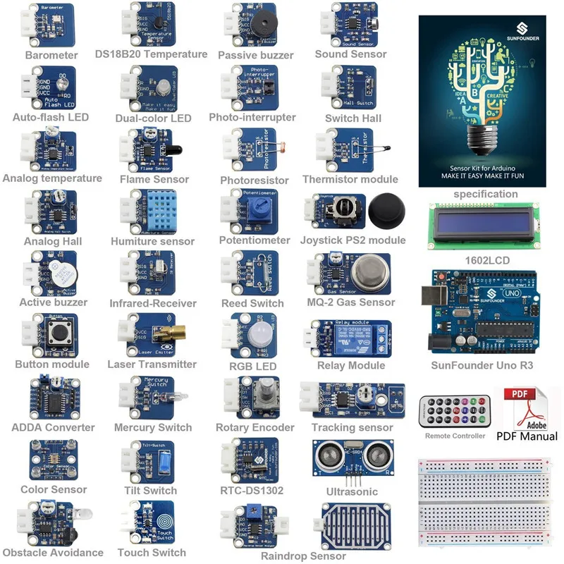 Комплект датчиков SunFounder Ultimate UNO R3 V2.0 для Arduino UNO R3 Mega2560 Mega328 Nano
Комплект датчиков SunFounder Ultimate UNO R3 V2.0 для Arduino UNO R3 Mega2560 Mega328 Nano