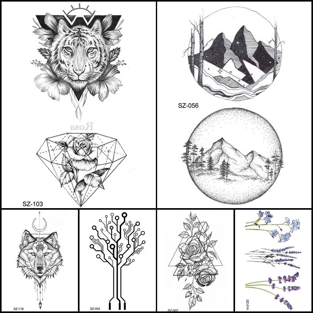 Fashion Pencil Sketch Tattoo Men Stickers Geometric Temporary Tattoo Tiger Diamond Women Arm Fake Tatoos Round Mountain Supplies
Fashion Pencil Sketch Tattoo Men Stickers Geometric Temporary Tattoo Tiger Diamond Women Arm Fake Tatoos Round Mountain Supplies