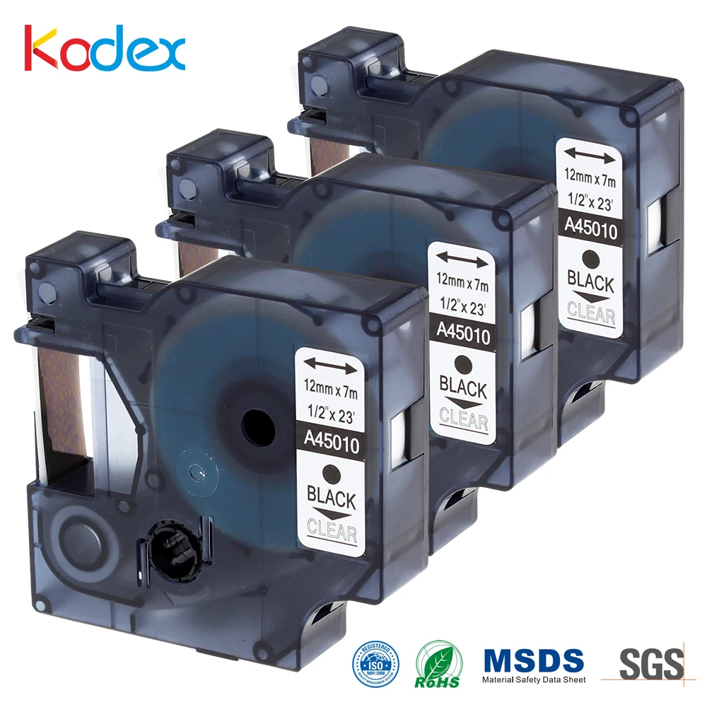 Kodex 3 шт. совместимый с Dymo D1 45010 Φ лента 12 мм черная на прозрачном роде для принтера