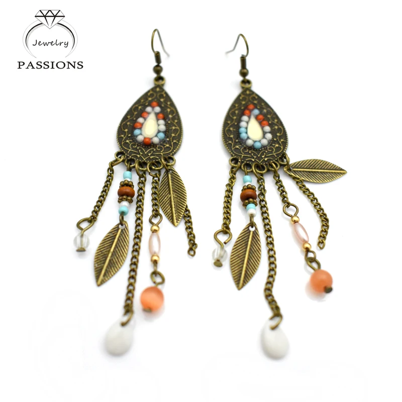 

PASSIONS Bohemian Ethnic Laser Retro Antique Brass Bead Tassel Earings Africa Maxi Brincos Colorful Long Drop Earrings For Women