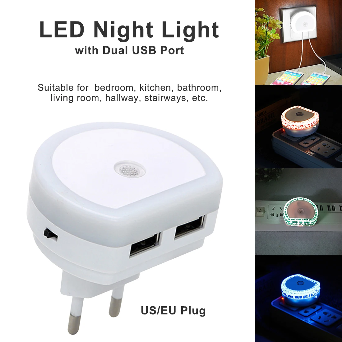 

Настенная Светодиодная лампа с двойным USB-портом для зарядки от заката до рассвета, вилка ЕС/США