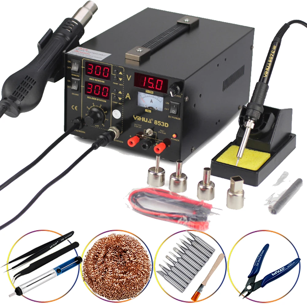 YIHUA 853D 1A BGA Rework Station 3 in 1 SMD Soldering Iron Stations With DC Power Supply Hot Air Gun Rework Station Soldering
YIHUA 853D 1A BGA Rework Station 3 in 1 SMD Soldering Iron Stations With DC Power Supply Hot Air Gun Rework Station Soldering