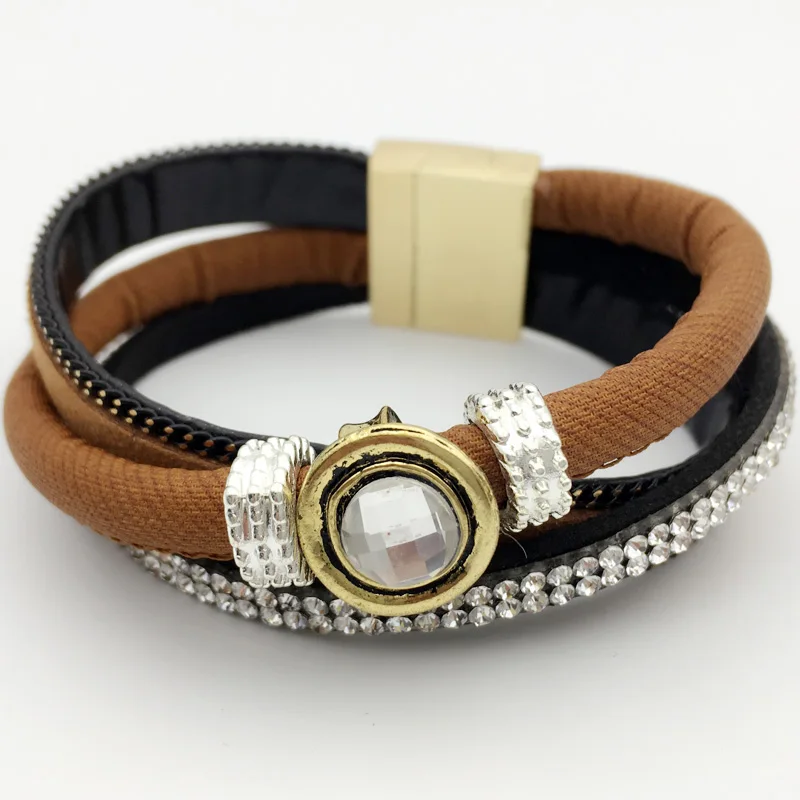 LEMOER Brand 3 Layer Slake Leather Bracelet with Gem Crystal Magnetic Wristband Jewelry for women men Party Pulseras Mujer | Украшения и