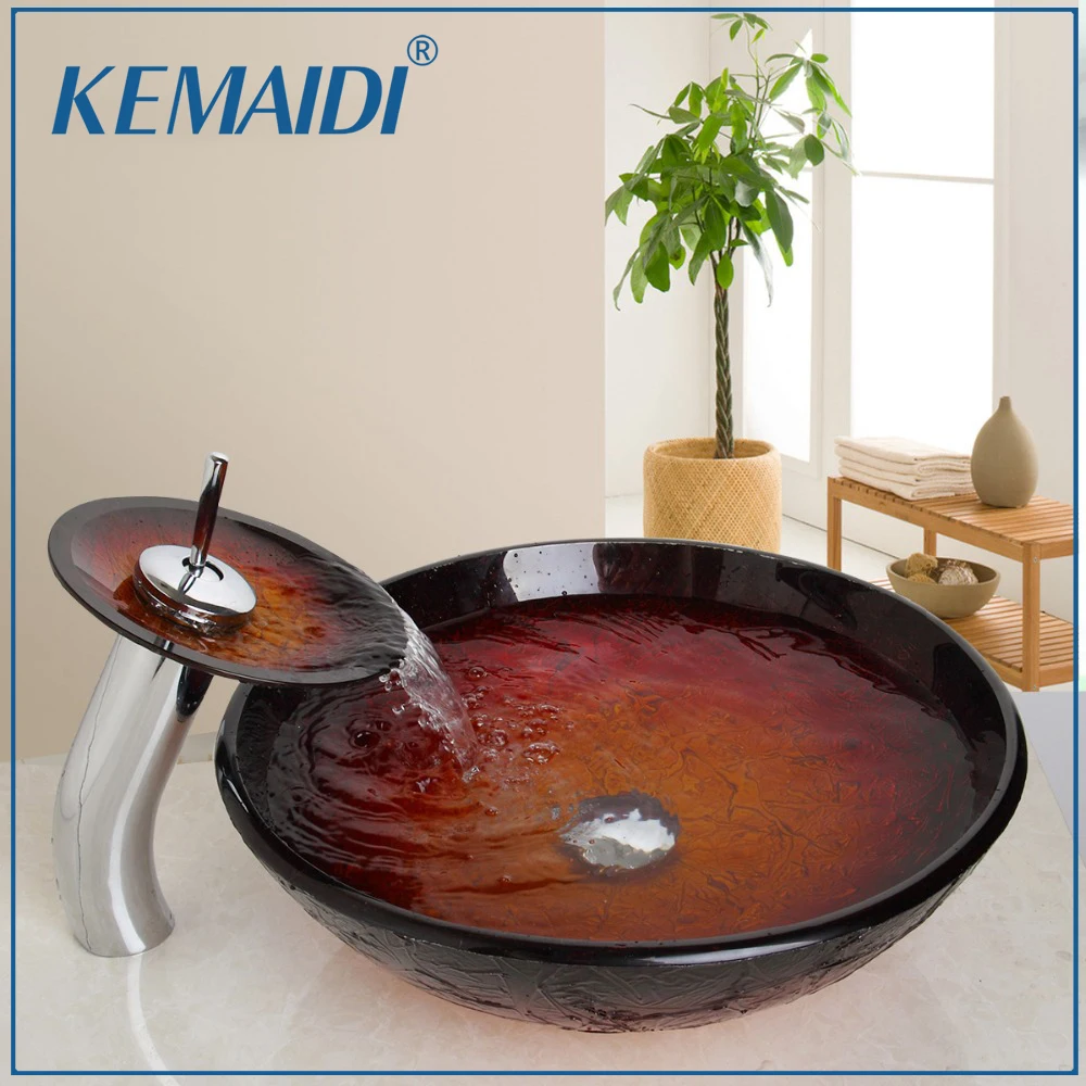 

KEMAIDI Waterfall Deck Mount Single Handle Washbasin Lavatory Tempered Glass Basin Sink Combine Vessel Vanity Tap Mixer Faucet