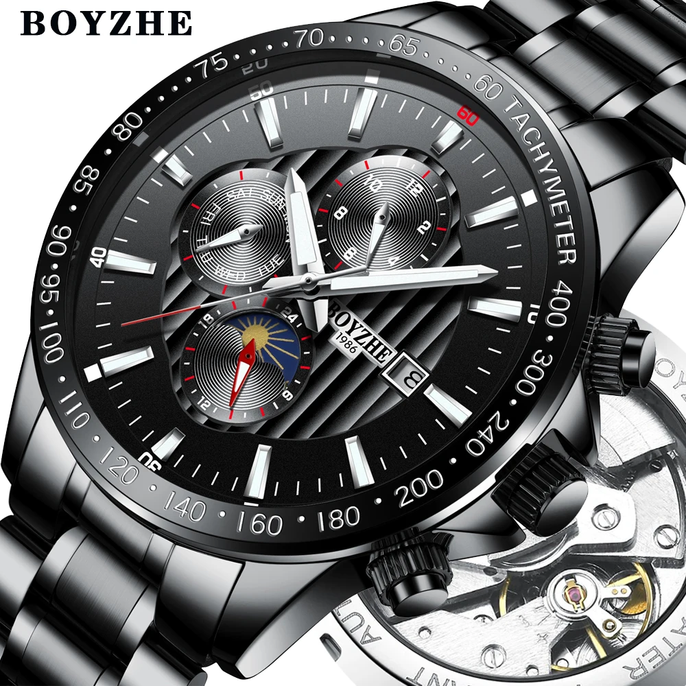 BOYZHE Herren Neue Automatische Mechanische Uhr Edelstahl Mode Повседневный Leucht Luxus Marke Sport Uhren Relogio