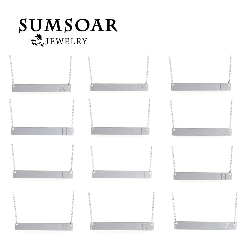 Silver Plated Horizontal Bar Stainless Steel 40cm Chain Necklace with Hand-stamped Personalization Initial Letter Pendant 1pcs | Украшения