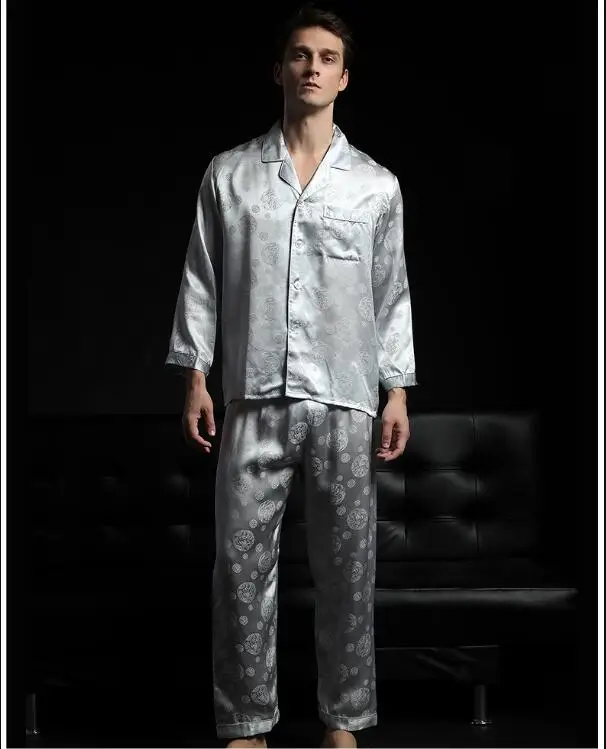 Men Spring Silk Pajamas Long Sleeve Nightgown Sleepwear Slip Pant Suit Thin