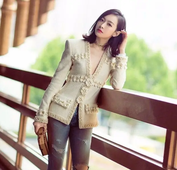 2019 spring/fall Women Deep V Neck luxury 3D Flower Beading Tweed Jacket slim coat elegant designer runway outerwear | Женская одежда