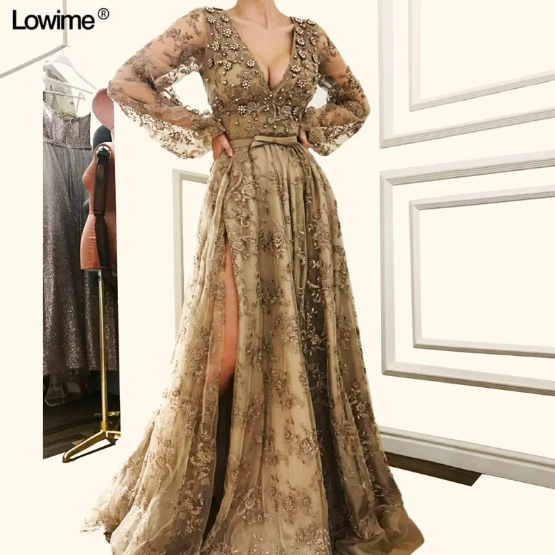 Sexy High Split Deep V-Neck Formal Evening Dress 2018 Beading Lace Handmade Flowers Long Sleeves Prom Dresses Women
Sexy High Split Deep V-Neck Formal Evening Dress 2018 Beading Lace Handmade Flowers Long Sleeves Prom Dresses Women